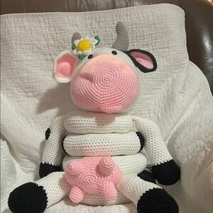 Handmade Pink & White Crochet Cow Plush Stacker for Kids